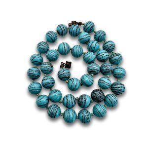 Vintage Czech Patterned Turquoise Glass Bead Hand Knotted Necklace